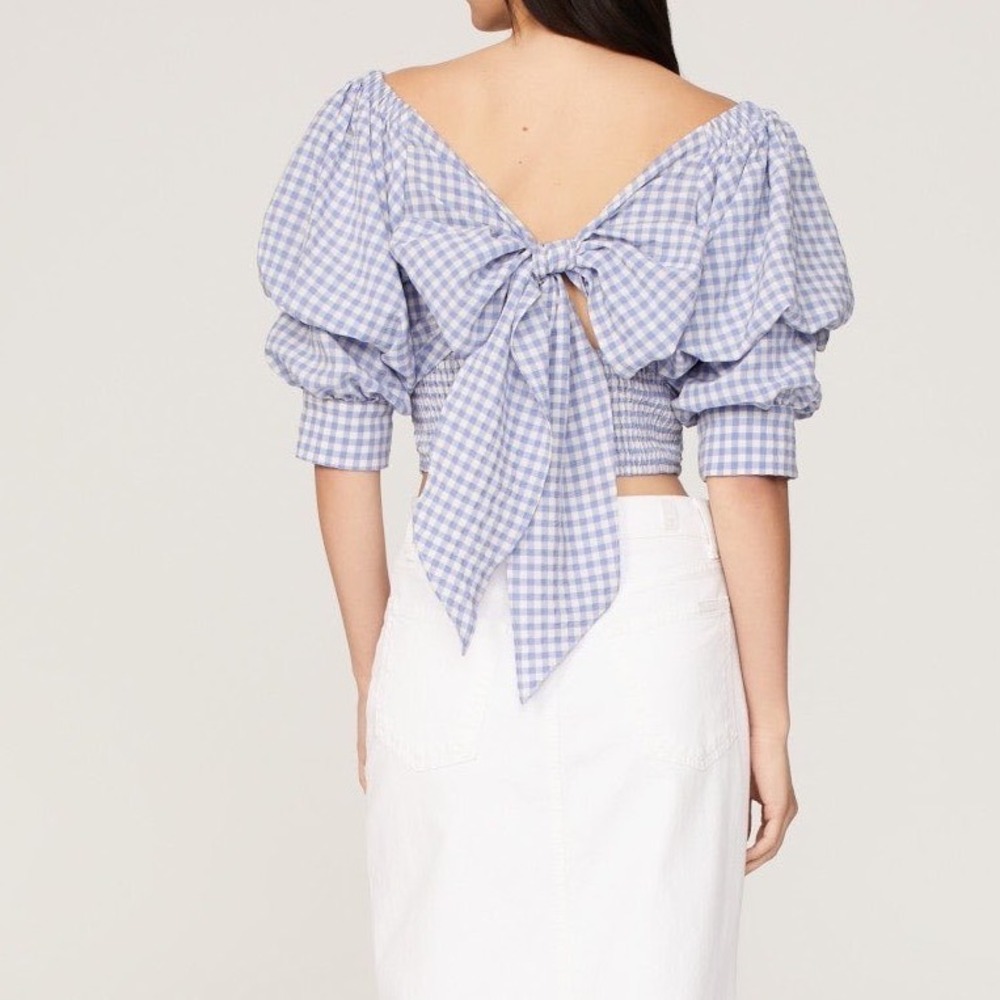 Louna Blue Gingham Puff Sleeve Tie Back Bow Crop Top Romantic Night Out g5